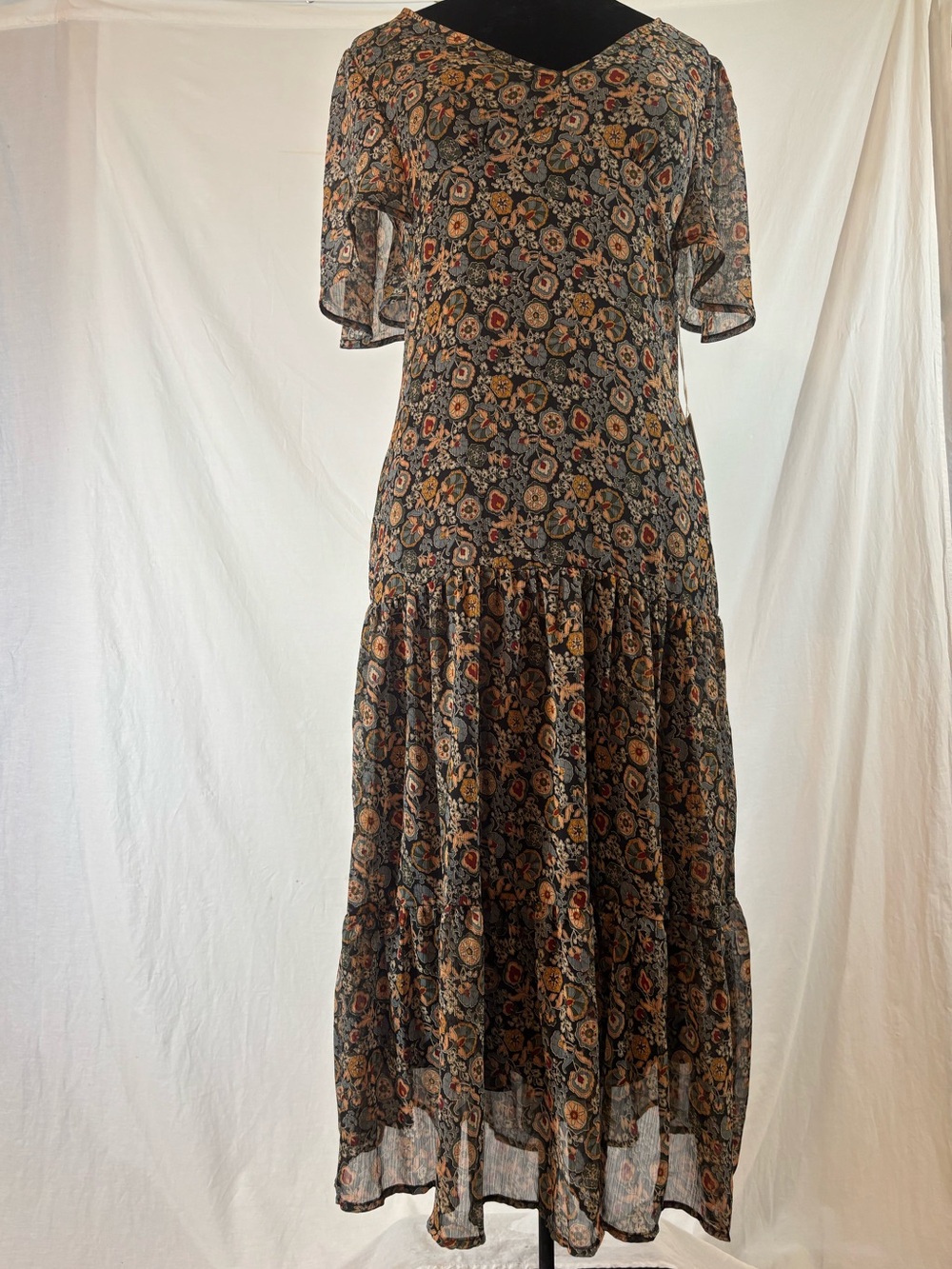 Dex NWT Sheer Floral Boho Maxi Dress Slip Lined Tiered Flutter Sleeve XS
